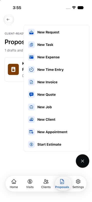 ScopeCue quick-create mobile screen for capturing field work and next actions.